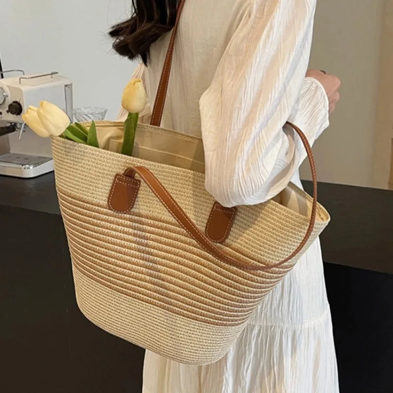 Bolsa de palha feminina, de praia, de férias, ao ar livre, grande capacidade, bolsa de ombro, viagem, verão, Ins Wind, novo, 2022