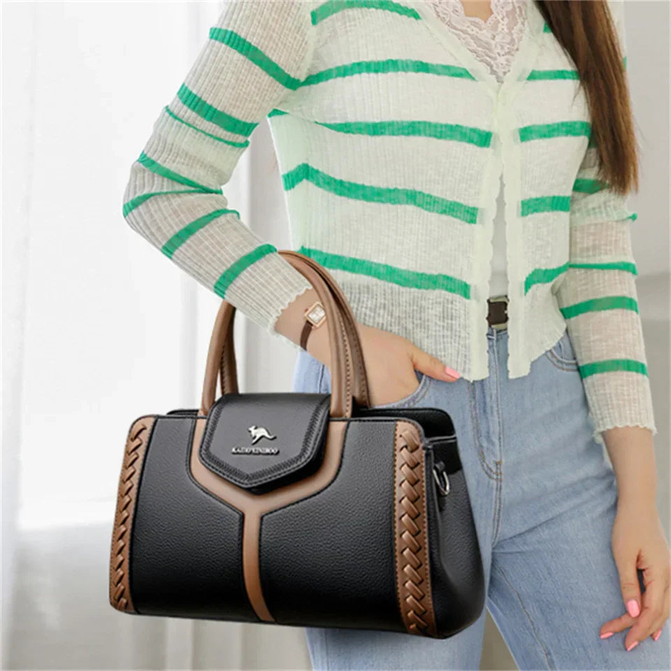 Bolsa de couro de bloco colorido feminina, bolsa de ombro versátil, multifuncional, bolsa de viajante de negócios, grande capacidade, moda