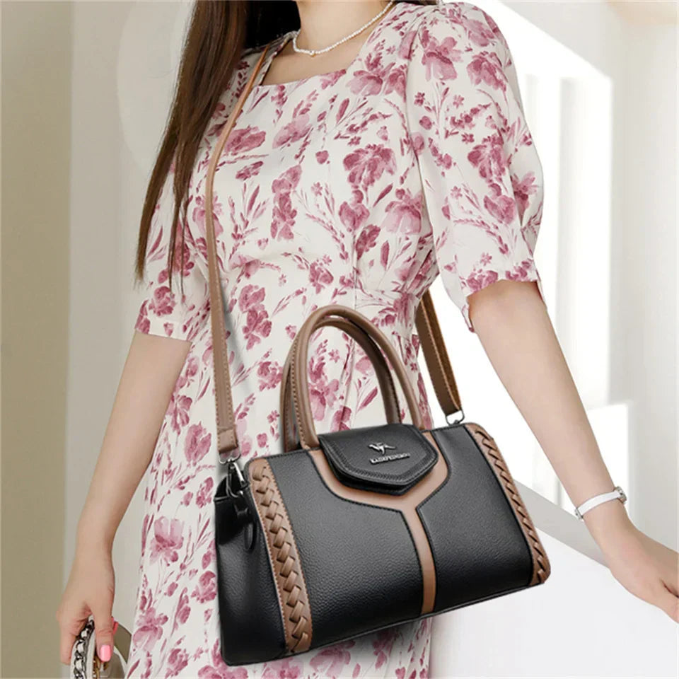 Bolsa de couro de bloco colorido feminina, bolsa de ombro versátil, multifuncional, bolsa de viajante de negócios, grande capacidade, moda