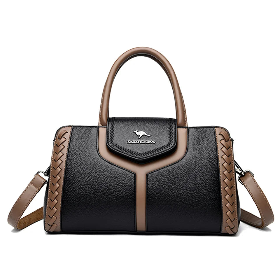 Bolsa de couro de bloco colorido feminina, bolsa de ombro versátil, multifuncional, bolsa de viajante de negócios, grande capacidade, moda