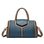 Bolsa de couro de bloco colorido feminina, bolsa de ombro versátil, multifuncional, bolsa de viajante de negócios, grande capacidade, moda