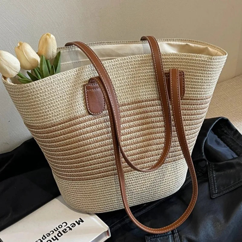 Bolsa de palha feminina, de praia, de férias, ao ar livre, grande capacidade, bolsa de ombro, viagem, verão, Ins Wind, novo, 2022
