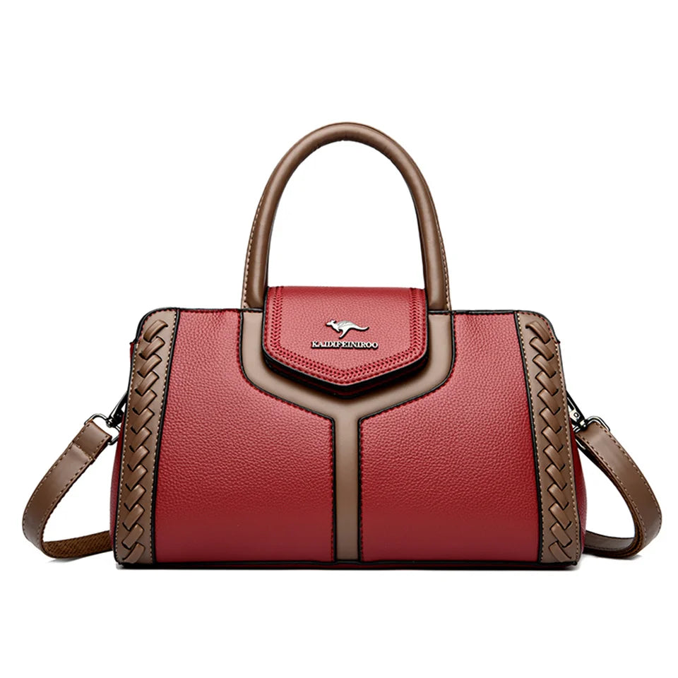Bolsa de couro de bloco colorido feminina, bolsa de ombro versátil, multifuncional, bolsa de viajante de negócios, grande capacidade, moda