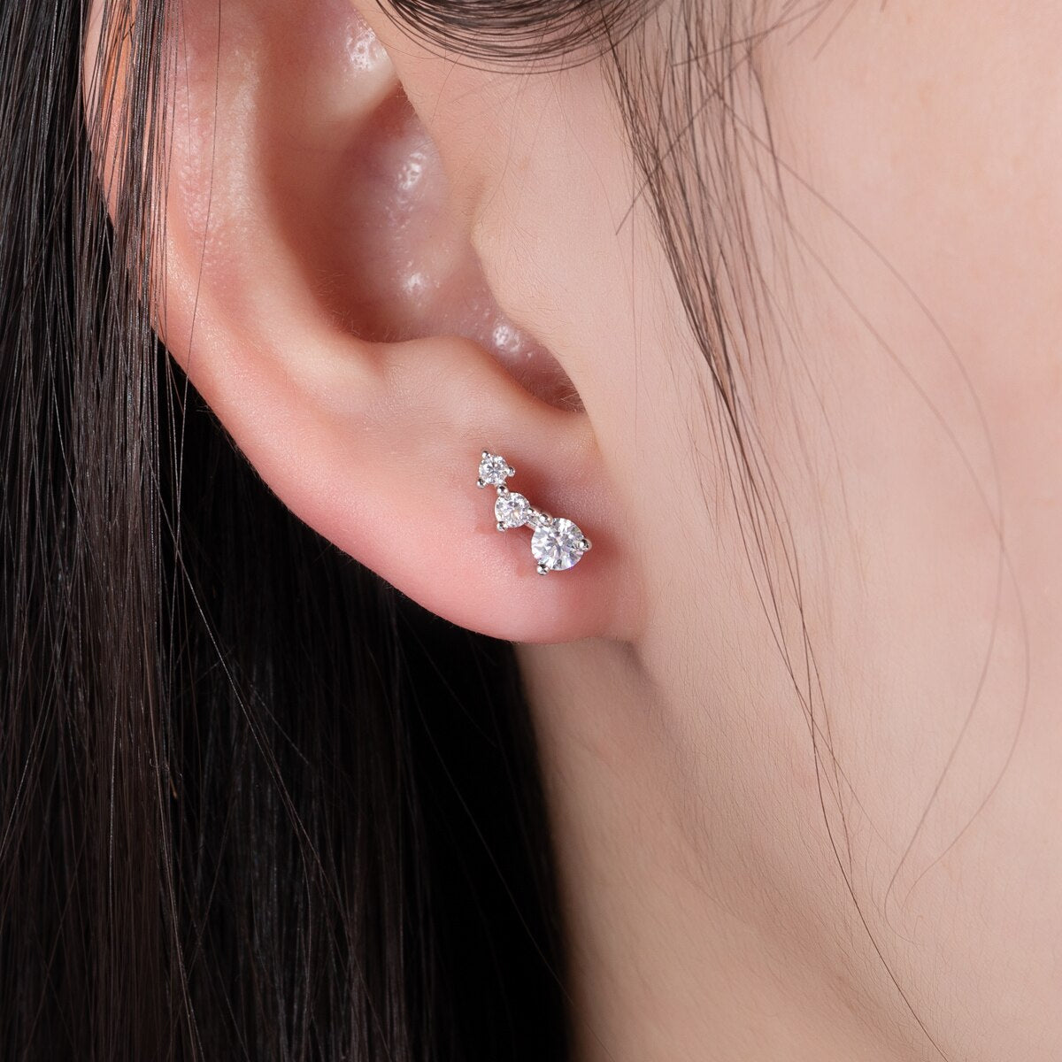 Brinco Trio com Moissanites – Ouro Branco 18k
