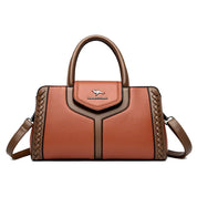 Bolsa de couro de bloco colorido feminina, bolsa de ombro versátil, multifuncional, bolsa de viajante de negócios, grande capacidade, moda