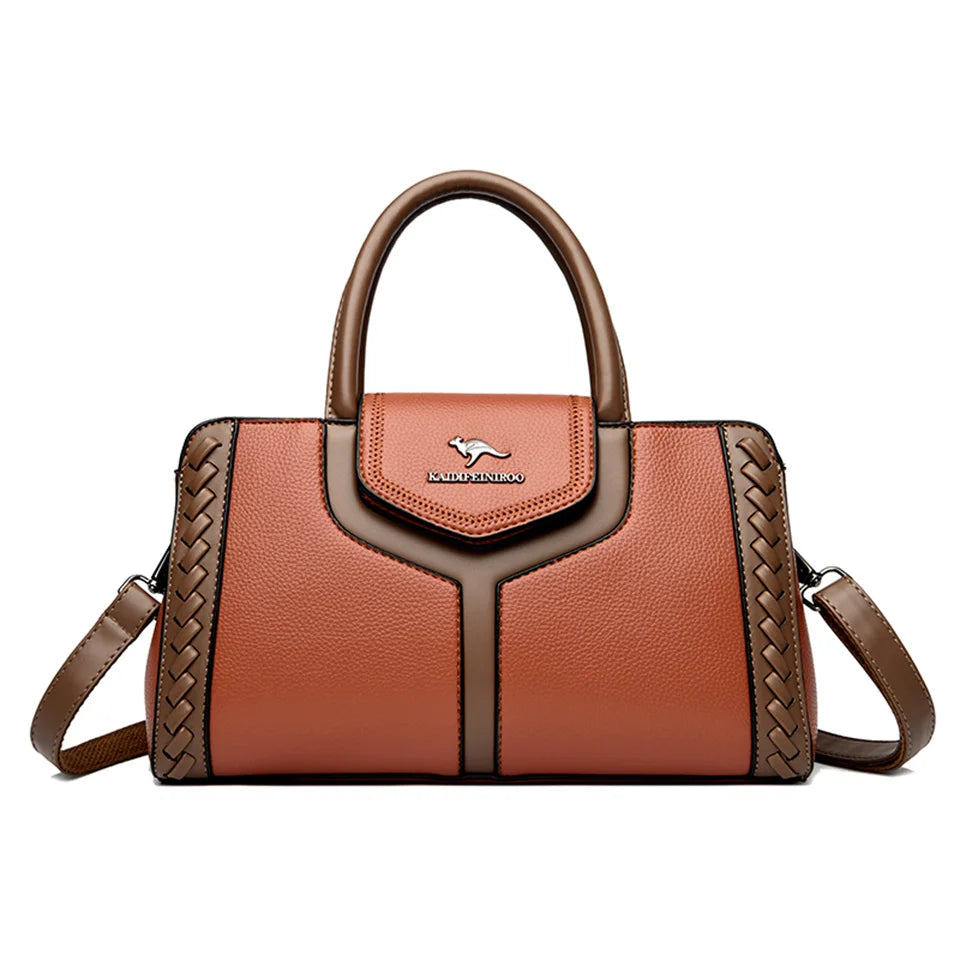 Bolsa de couro de bloco colorido feminina, bolsa de ombro versátil, multifuncional, bolsa de viajante de negócios, grande capacidade, moda
