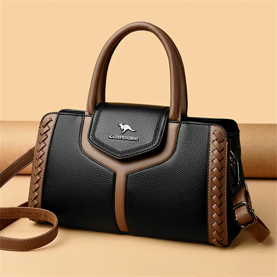 Bolsa de couro de bloco colorido feminina, bolsa de ombro versátil, multifuncional, bolsa de viajante de negócios, grande capacidade, moda