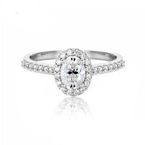Anel Oval Halo com Moissanite – Ouro Branco 18k