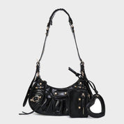Bolsa Feminina de Couro Preta Estilo Retrô Com Alça Ajustável e Acessórios
