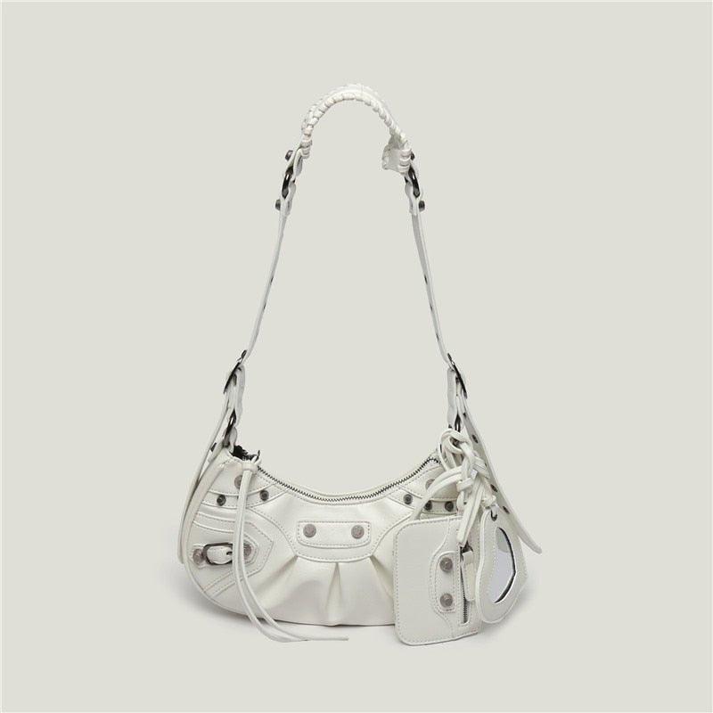 Bolsa Feminina de Couro Preta Estilo Retrô Com Alça Ajustável e Acessórios