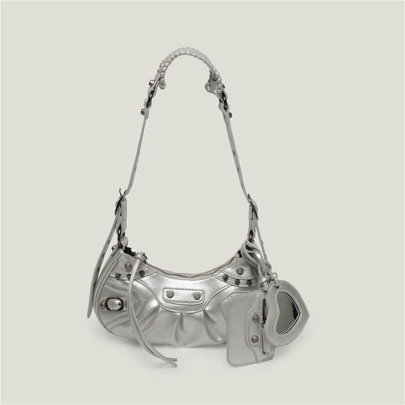 Bolsa Feminina de Couro Preta Estilo Retrô Com Alça Ajustável e Acessórios