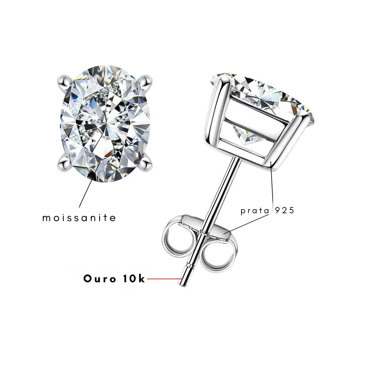 Brinco Oval com Moissanite – Ouro 10k