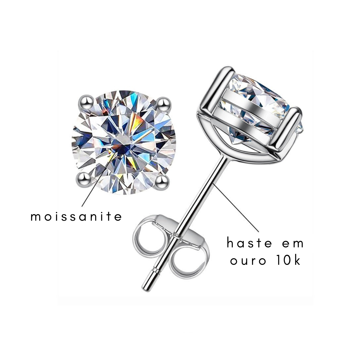 Brinco Solitário 4 Garras com Moissanite – Prata 925