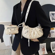 Bolsa Feminina de Couro Preta Estilo Retrô Com Alça Ajustável e Acessórios